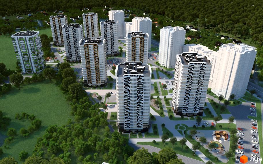 Житловий комплекс Саванна Сіті. Високі будинки з білими фасадами та чорними декоративними елементами. На території комплексу є парковка та зелені зони.