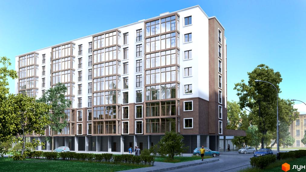 Зображення багатоповерхового будинку в Житловому комплексі Глобус Меридіан з великими вікнами та прибудинковою територією.
