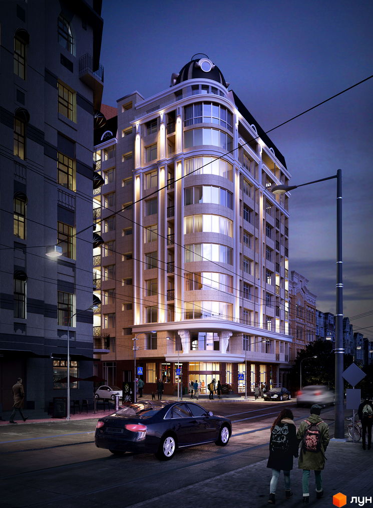 Зображення будинку клубного типу „Дмитрівська, 60/19“ ввечері. Багатоповерхова будівля з підсвічуванням і куполом на даху, розташована на вулиці міста.