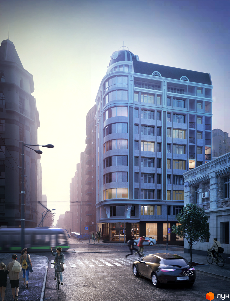 Зображення фасаду будинку Клубний будинок „Дмитрівська, 60/19“. Вигляд новобудови та прилеглої вулиці з пішохідним переходом.