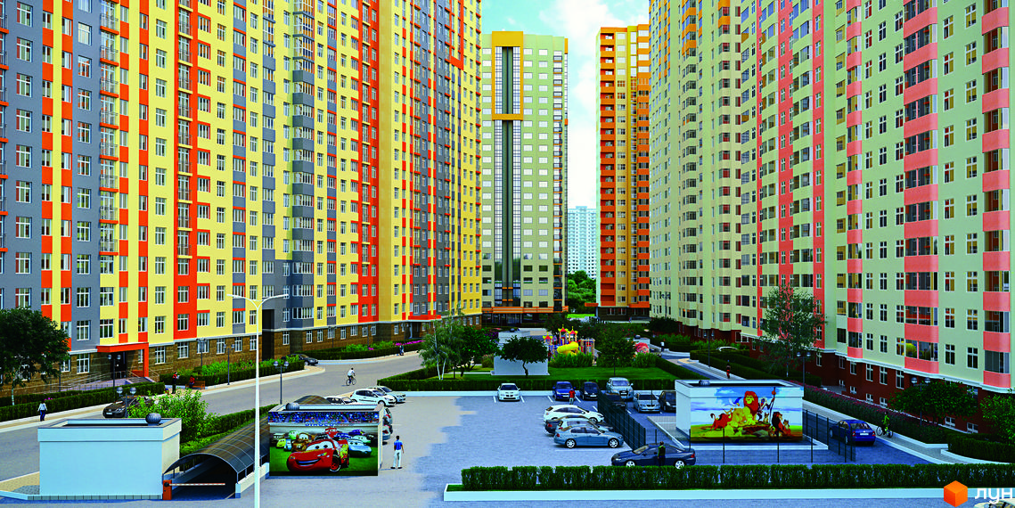 Житловий комплекс ЖК Яскравий з яскравими фасадами та прибудинковою територією з парковкою і дитячим майданчиком.