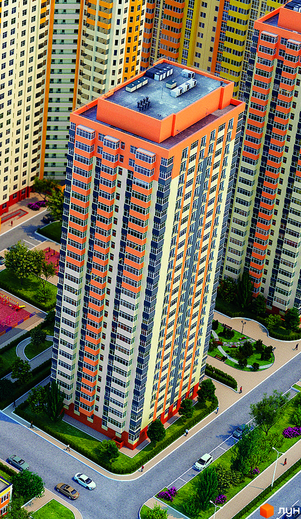 Житловий комплекс Яскравий: висотні будинки з помаранчевими та білими фасадами, балконами та кондиціонерами. Навколо зелені насадження, дитячі майданчики та дороги з автомобілями.