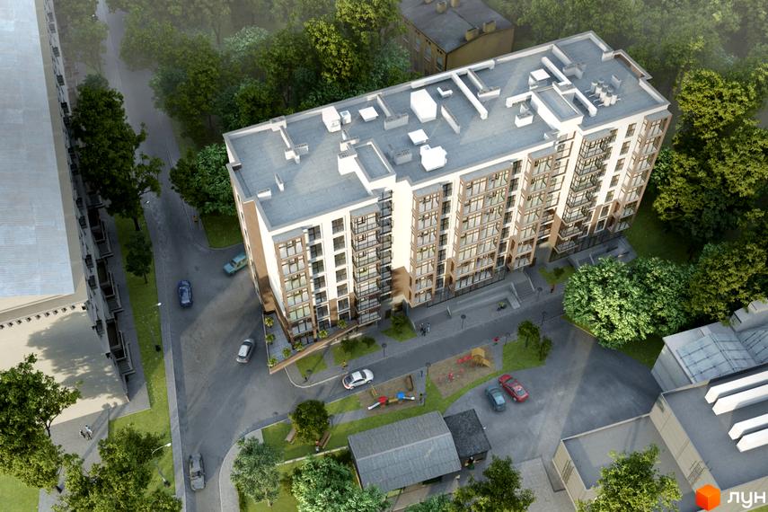 Зображення будинку Житлового комплексу Глобус Меридіан з виглядом зверху. На території є дитячий майданчик, дерева та парковка.