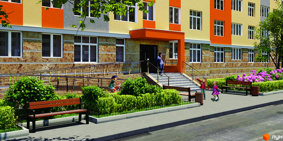 Житловий комплекс Яскравий: фасади будівель з помаранчевими та бежевими елементами, мармуровим оздобленням цоколя. Прибудинкова територія з дитячим майданчиком, лавками та зеленими насадженнями.