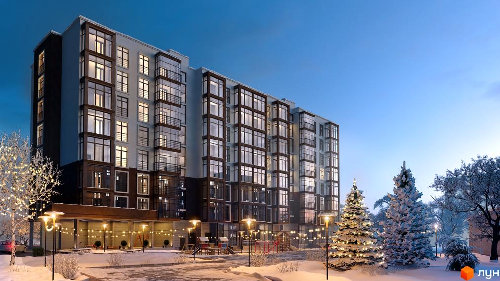 Зображення багатоповерхового будинку взимку. Житловий комплекс Глобус Меридіан з великими вікнами та балконами, засніжена територія з деревами та освітленням.