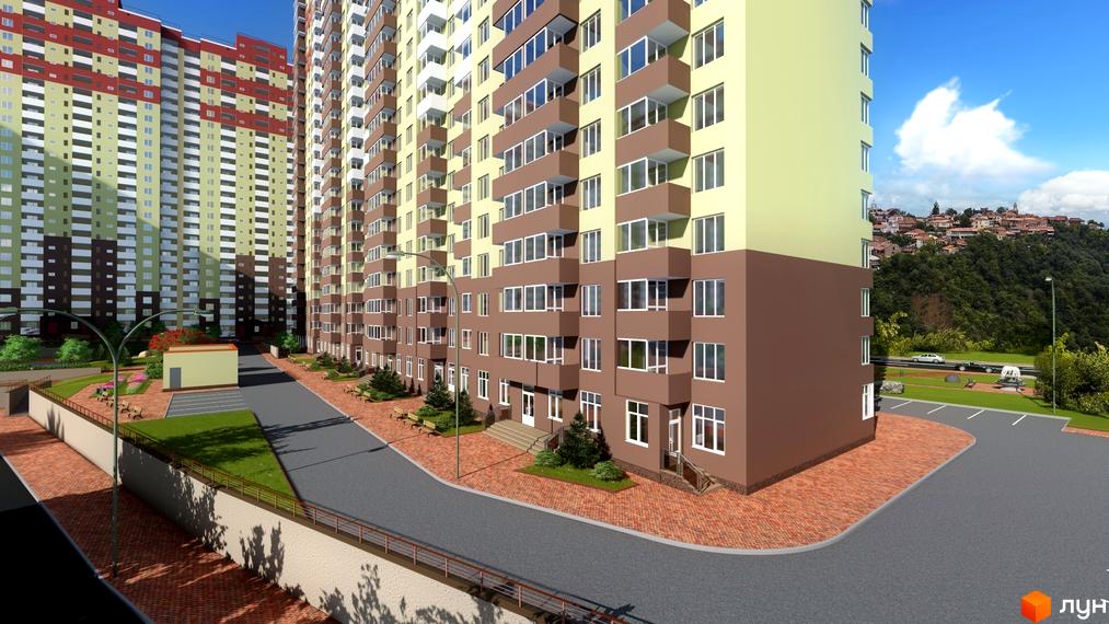 Багатоповерхові будинки житлового комплексу The Lakes мають світло-жовті та коричневі фасади з балконами. Територія облаштована газонами та доріжками.