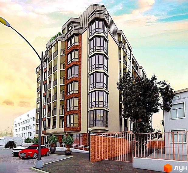 Зображення фасаду житлового будинку на вулиці Лемківській, 26. На передньому плані видно автомобілі та елементи благоустрою.