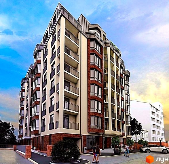 Зображення фасаду будинку на вулиці Лемківська, 26. Багатоповерхова будівля з балконами та червоною цегляною кладкою, поруч тротуар та зелені насадження.