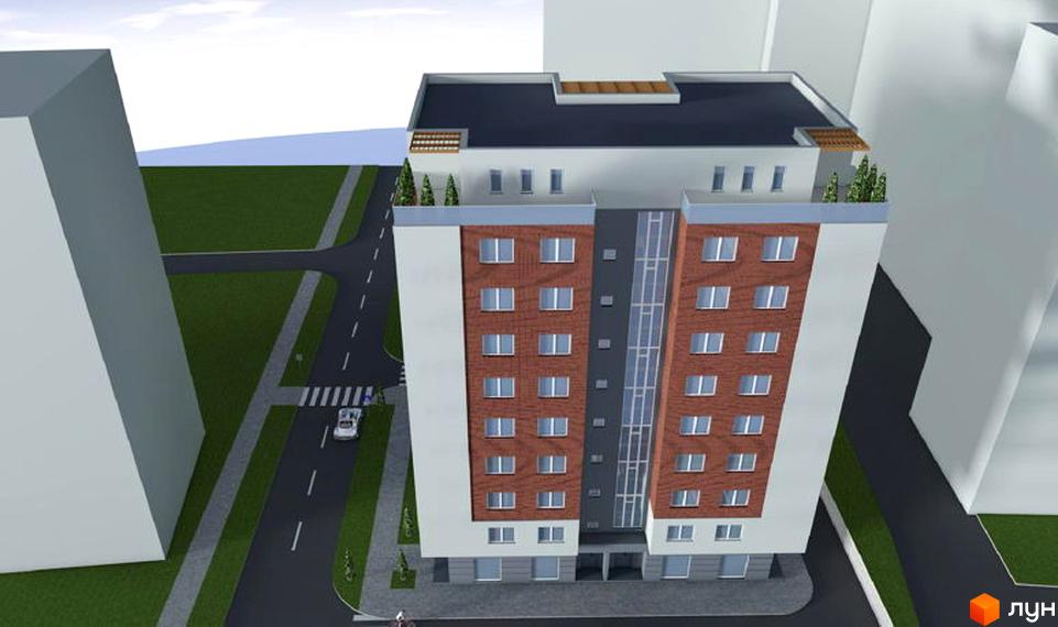 Зовнішній вигляд багатоповерхового будинку ЖК Карпатський Оберіг з цегляним фасадом та скляним центральним елементом. Навколо будинку облаштована прибудинкова територія з дорогою та зеленими насадженнями.