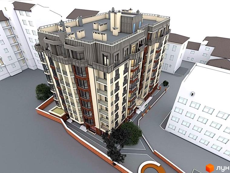 Зображення фасаду будинку на вулиці Лемківська, 26. Багатоповерхова будівля з прибудинковою територією та зеленими насадженнями.