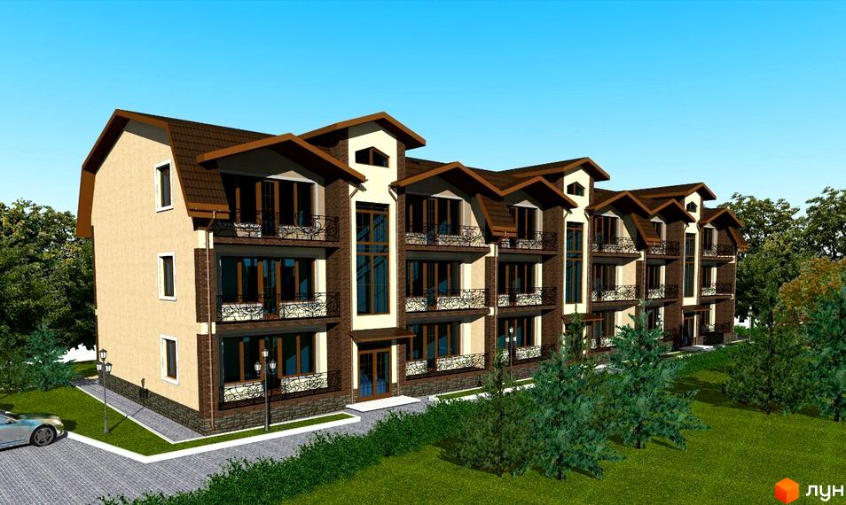 Зовнішній вигляд новобудови на вул. Данила Галицького, 17. Будинок має кілька поверхів з балконами та вікнами, оточений зеленню та доглянутою територією з доріжками та ліхтарями.