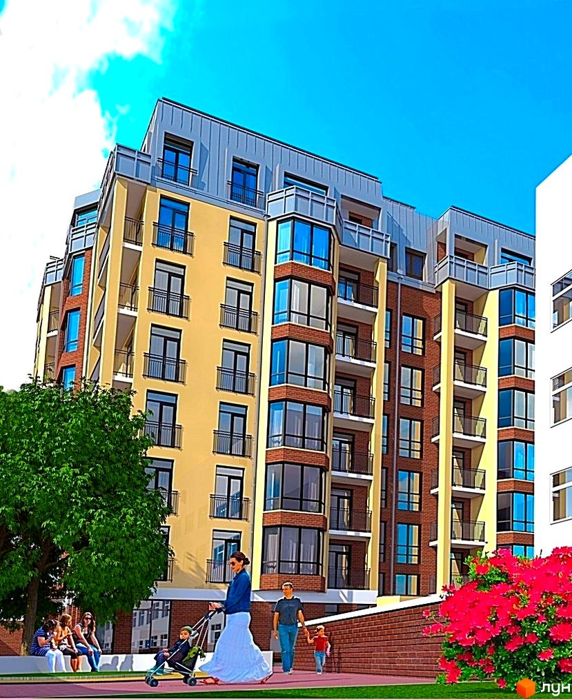 Зображення фасаду будинку на вулиці Лемківська, 26. На передньому плані видно людей, зелені насадження та елементи благоустрою території.