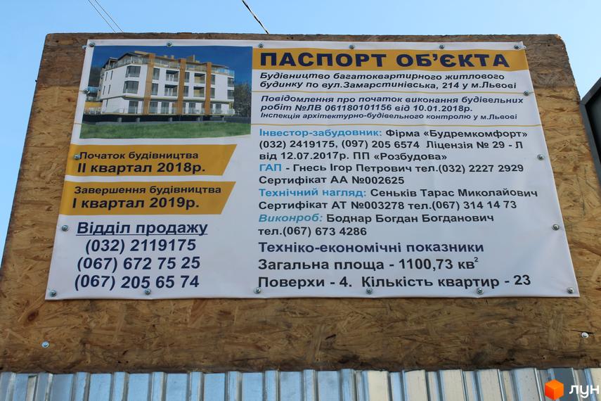 Інформаційний щит про будівництво багатоквартирного будинку на вулиці Замарстинівській, 214 у Львові. На щиті вказано терміни будівництва та контакти відділу продажу.
