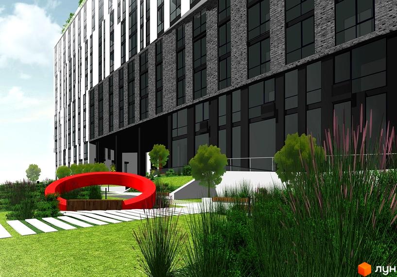 Зображення фасаду та прибудинкової території Житлового комплексу Сіті. Вигляд новобудови з газоном, деревами та червоною скульптурою.