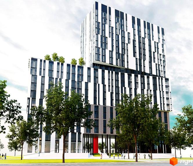 Зображення Житлового комплексу City з фасадом у смужку. На даху будівлі зелені насадження, перед будинком дерева та тротуар.