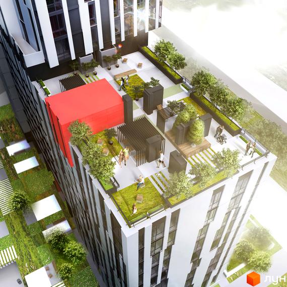 Зображення Житлового комплексу Сіті з терасою на даху. На терасі розташовані зелені насадження, місця для відпочинку та прогулянкові зони.