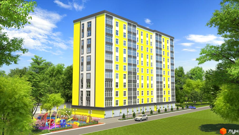 Житловий комплекс Avila comfort 2 - яскрава жовто-біла новобудова з сірими елементами. Прибудинкова територія облаштована дитячим майданчиком та зеленими насадженнями.
