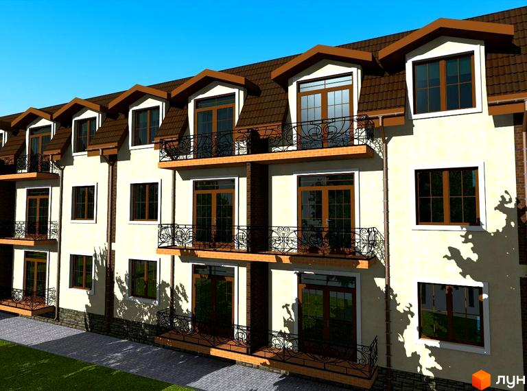 Зовнішній вигляд новобудови на вул. Данила Галицького, 17 з балконами та мансардними вікнами. Прибудинкова територія з газоном та бруківкою.