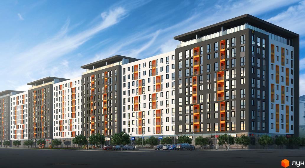 Зовнішній вигляд житлового комплексу Спортивний з темними та білими фасадами, оранжевими балконами та скляними елементами на верхніх поверхах. Навколо комплексу розташовані дерева та припарковані автомобілі.