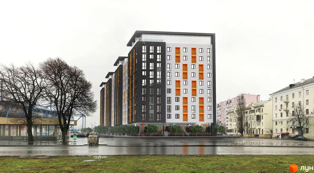 Зовнішній вигляд новобудови ЖК Спортивний з сірими та білими фасадами, вікнами з помаранчевими рамами. Навколо будинку дерева та міська забудова.