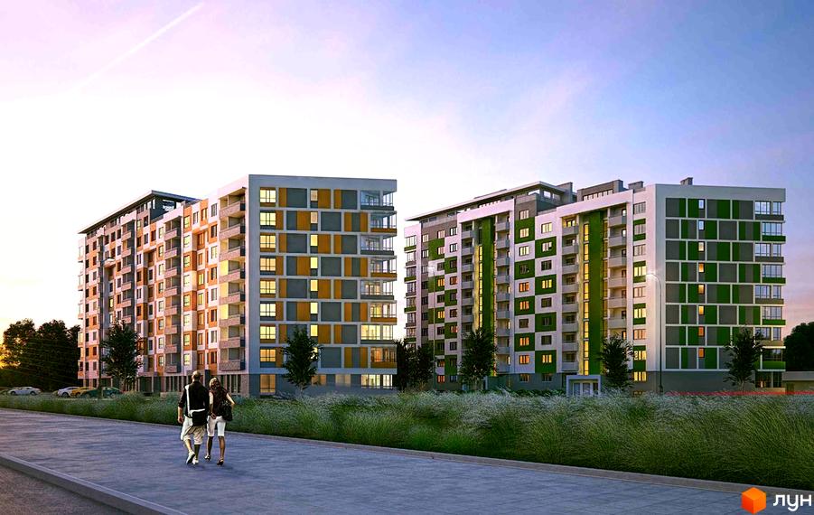 Житловий комплекс Арена - сучасні новобудови з яскравим фасадом та зеленою зоною відпочинку. Огляд фасаду та території.