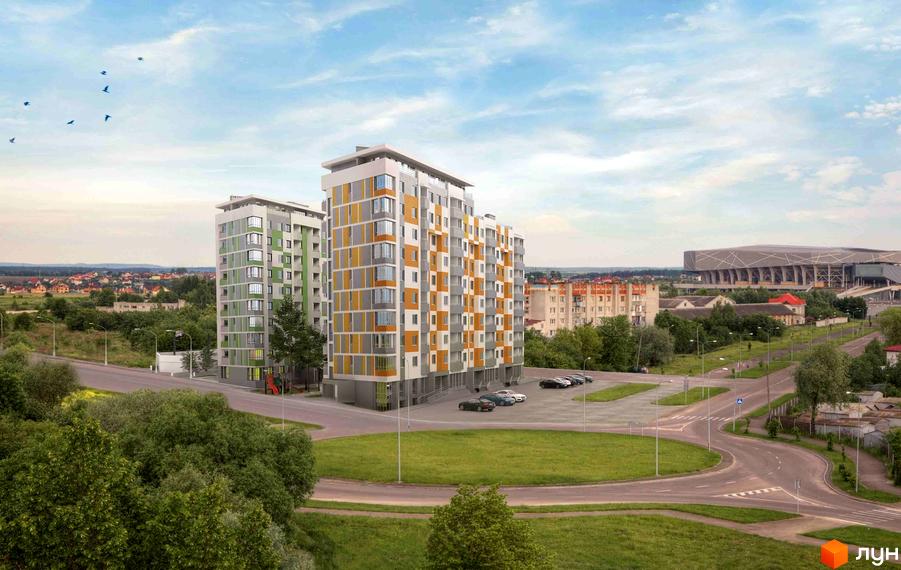 Житловий комплекс Арена. Зовнішній вигляд багатоповерхових будинків з сірими, білими та помаранчевими фасадами. Поруч розташовані парковка та зелена зона.