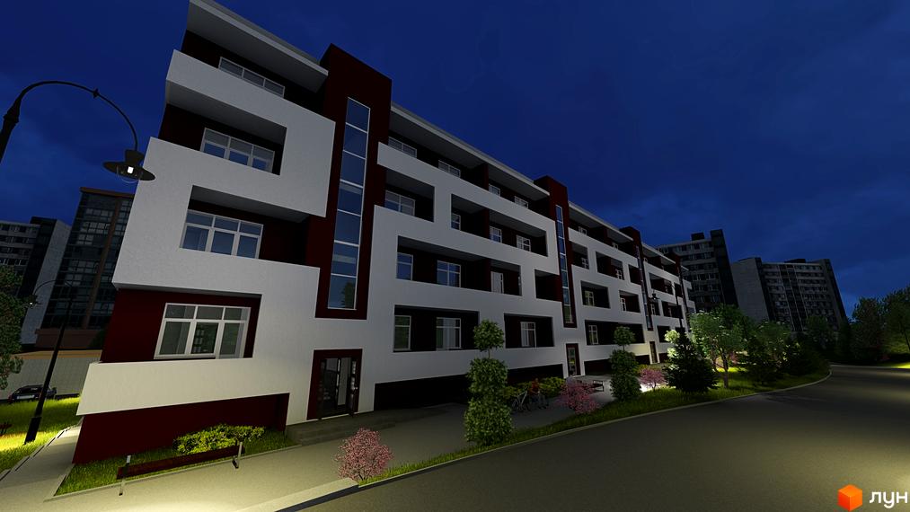 Зовнішній вигляд новобудови на вулиці Ярославенка, 36, з білими та бордовими фасадами, балконами та вікнами. На прибудинковій території розташовані дерева, кущі та лавка.