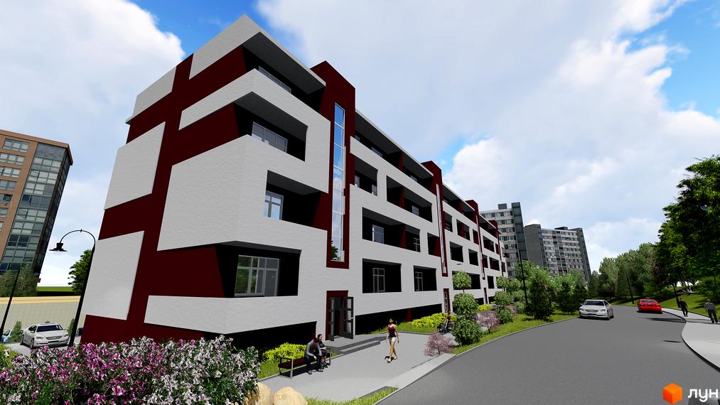 Новобудова на вул. Ярославенка, 36, з оригінальним фасадом у бордово-білих тонах. На прибудинковій території розташовані дерева, кущі та місця для відпочинку.