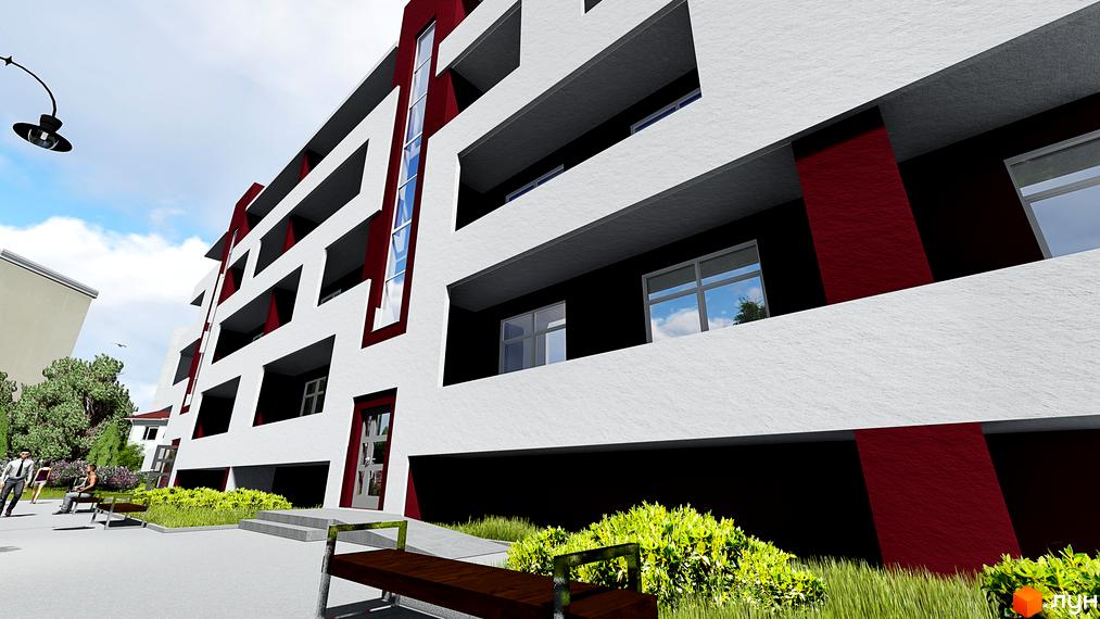 Новобудова на вул. Ярославенка, 36 з біло-бордовим фасадом та балконами. Поруч зелена зона з лавками та пішохідна доріжка.