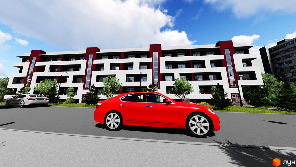 Зовнішній вигляд новобудови на вул. Ярославенка, 36 з червоним та білим фасадом, балконами та вікнами. На прибудинковій території є дерева та автомобілі.