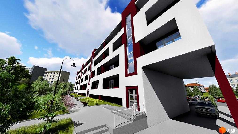 Сучасний житловий комплекс на вул. Ярославенка, 36 з біло-бордовим фасадом та відкритими балконами. На прибудинковій території зелені насадження, лавки та парковка.