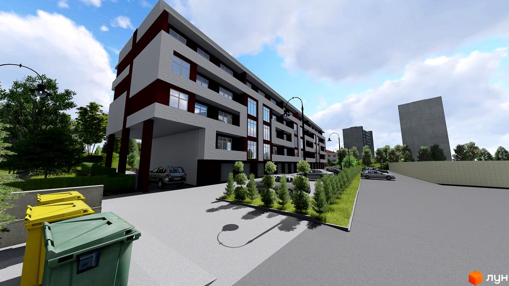 Фасад житлового комплексу на вул. Ярославенка, 36, з червоними та сірими елементами, паркуванням та зеленими насадженнями. Сучасна архітектура новобудови з паркомісцями та зоною відпочинку.