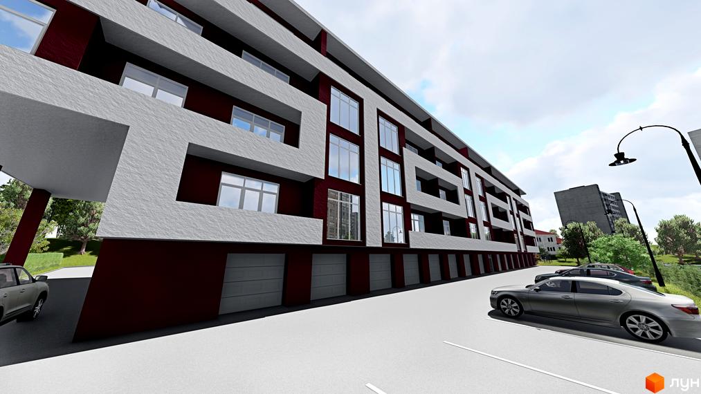 Новобудова на вул. Ярославенка, 36 з фасадом з білих та бордових елементів, великими вікнами та гаражними воротами. Прибудинкова територія з парковкою та зеленими насадженнями.