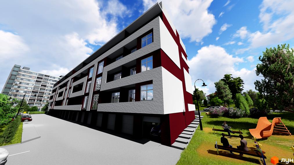 Новобудова на вул. Ярославенка, 36 з червоно-білим фасадом та великими вікнами. Поряд розташований дитячий майданчик та зелена зона.