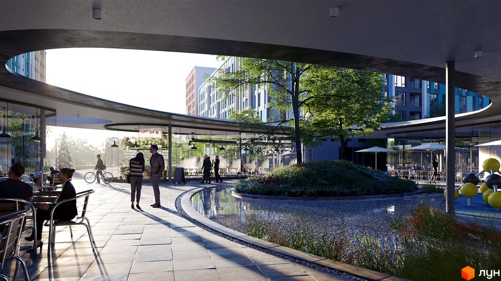 Багатоповерхові будинки Житлового комплексу Respublika з кольоровими фасадами. Перед ними розташована відкрита територія з кафе, водним об'єктом та зеленими насадженнями.