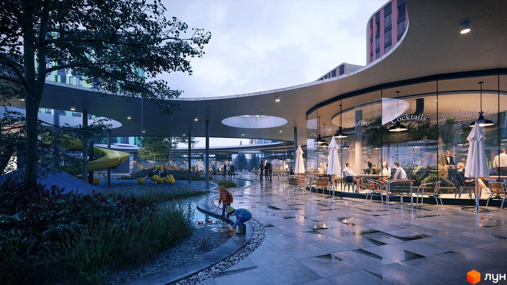 Житловий комплекс Respublika з вигнутим дахом над комерційними приміщеннями. На площі є кафе, дитячий майданчик та водний канал.