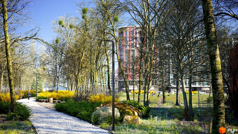 Житловий комплекс Respublika має високу будівлю з червоно-сірим фасадом. Прибудинкова територія включає парк з доріжками, деревами та зелено-жовтими насадженнями.