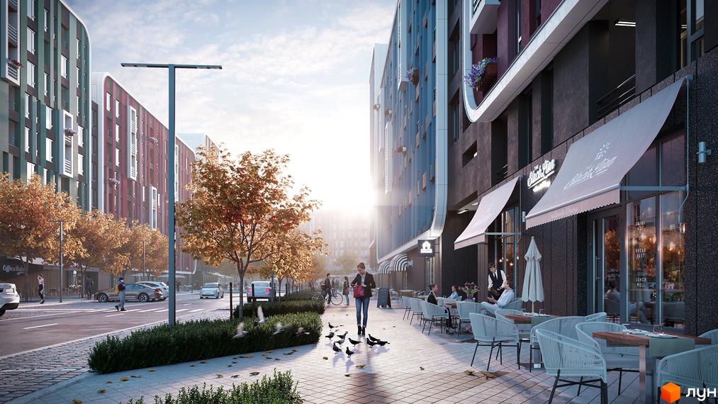 Житловий комплекс Respublika: багатоповерхові будинки з фасадами синього, зеленого та червоного кольорів. Поруч вулиця з кафе, деревами та пішоходами.