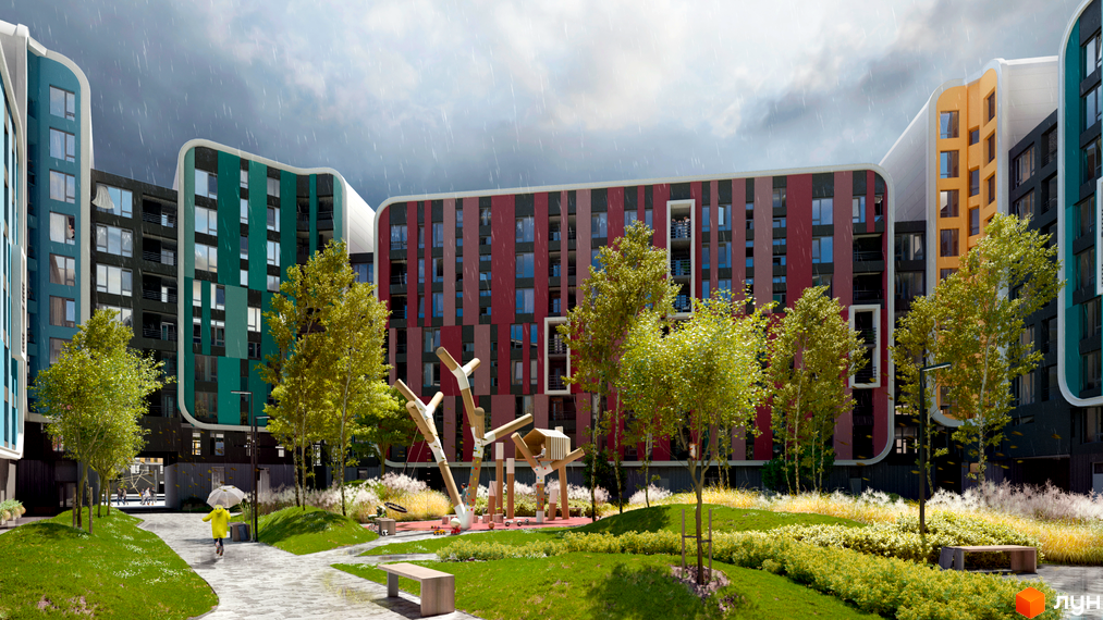 Житловий комплекс Respublika: багатоповерхові будинки з кольоровими фасадами та заокругленими кутами. На передньому плані зелений двір з деревами, дитячим майданчиком та доріжками.