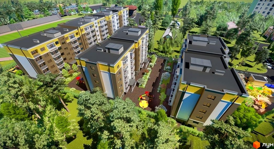 Зовнішній вигляд новобудови ЖК Фаворит з коричнево-жовтими фасадами та балконами. Прибудинкова територія з дитячим майданчиком та зеленими насадженнями.