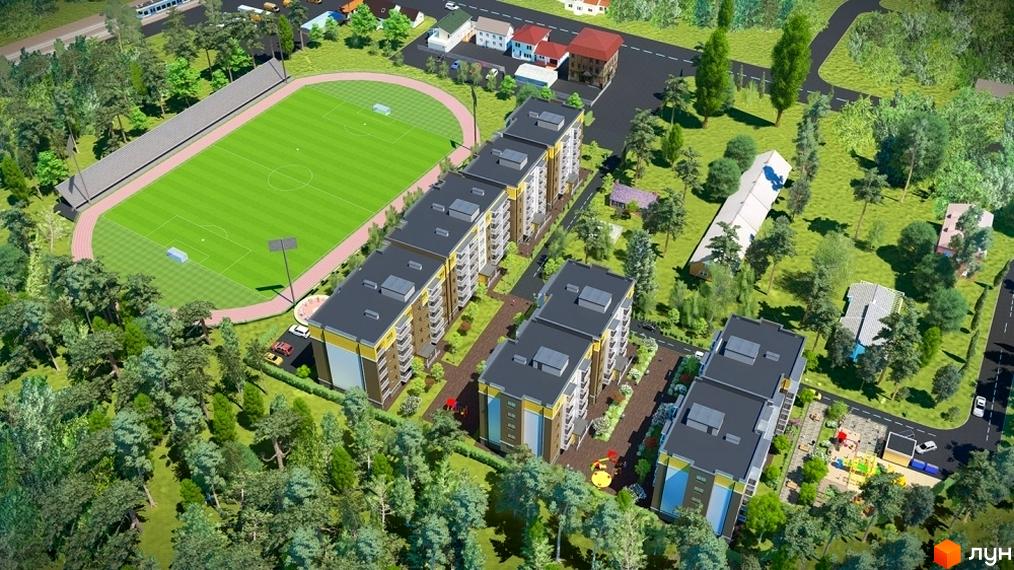 Житловий комплекс Фаворит. Сучасні багатоповерхові будинки з жовто-сірими фасадами та балконами. Поруч розташовані футбольне поле, дитячий майданчик та зелена зона з деревами.