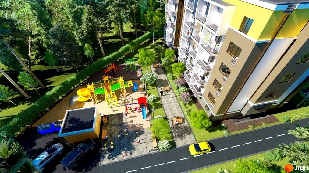 Житловий комплекс Фаворит: багатоповерховий будинок з балконами та дитячим майданчиком поруч. На території є зелені зони та місця для відпочинку.