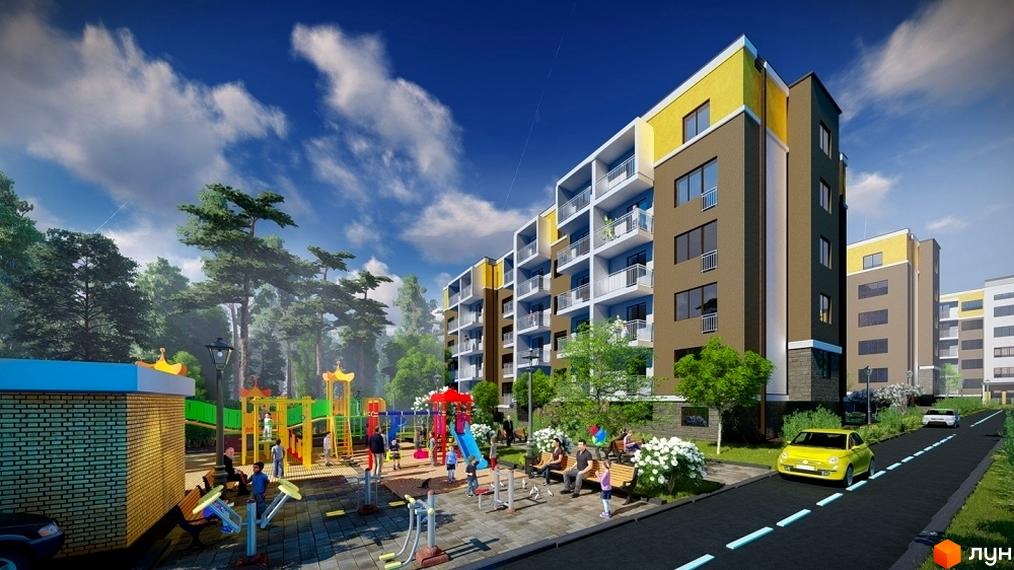 Житловий комплекс Фаворит: багатоповерхові будинки з балконами, дитячий майданчик та спортивні тренажери. Територія для відпочинку та прогулянок.