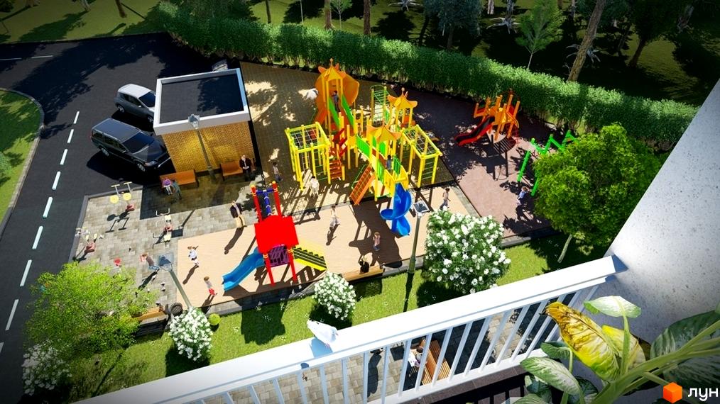 Житловий комплекс Фаворит. Дитячий майданчик та зона відпочинку біля будинку. Парковка та зелена зона.