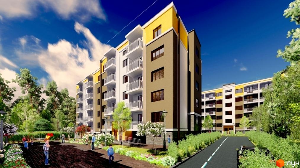 Житловий комплекс Фаворит: фасади будівель у бежевих та білих тонах з жовтими акцентами, балкони з білими поручнями. На прибудинковій території дитячий майданчик, зелені насадження та доріжки.