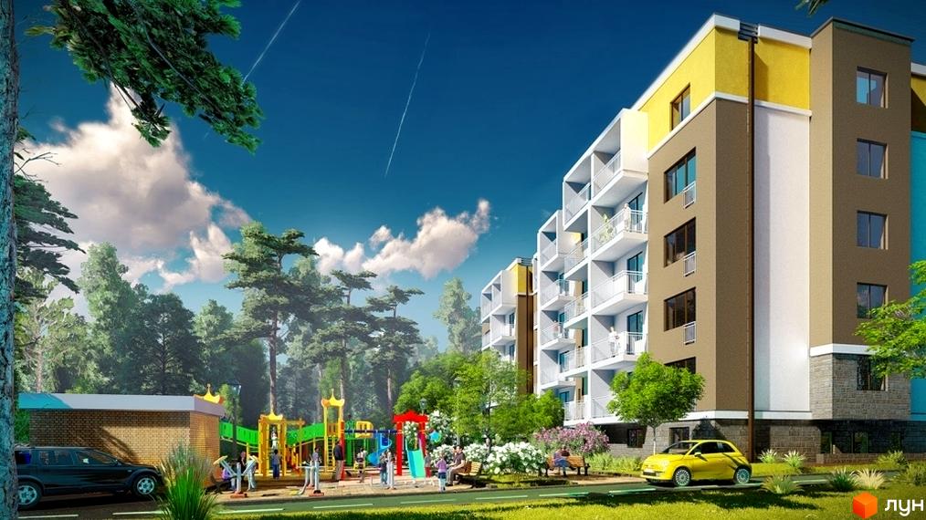 Житловий комплекс Фаворит. Багатоповерхові будинки з балконами та дитячим майданчиком поруч. Зелена зона з деревами та місцями для відпочинку.