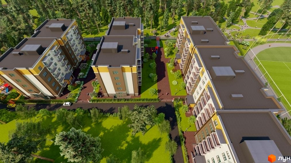 Житловий комплекс Фаворит - сучасна архітектура з балконами та прибудинковою територією з дитячим майданчиком та зеленими зонами. Фото новобудови.