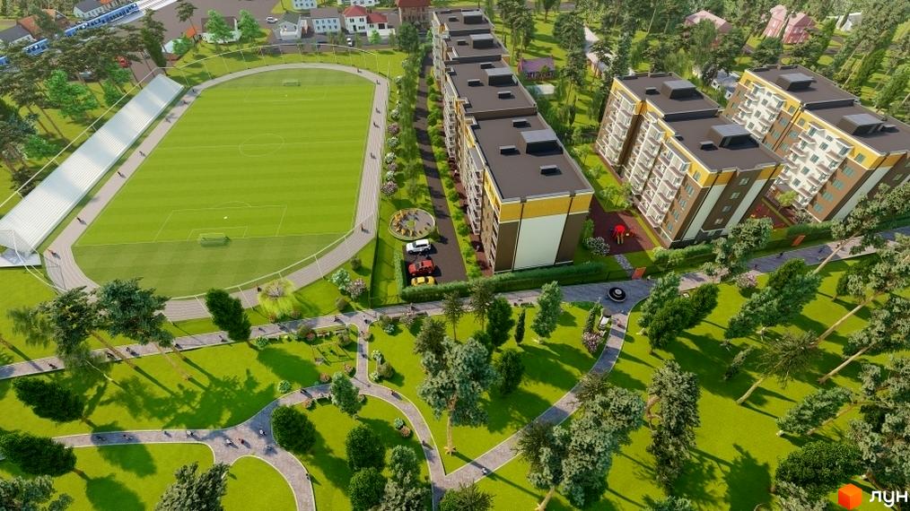 Житловий комплекс Фаворит з багатоповерховими будинками та прилеглою територією зі спортивним майданчиком та зеленими зонами.
