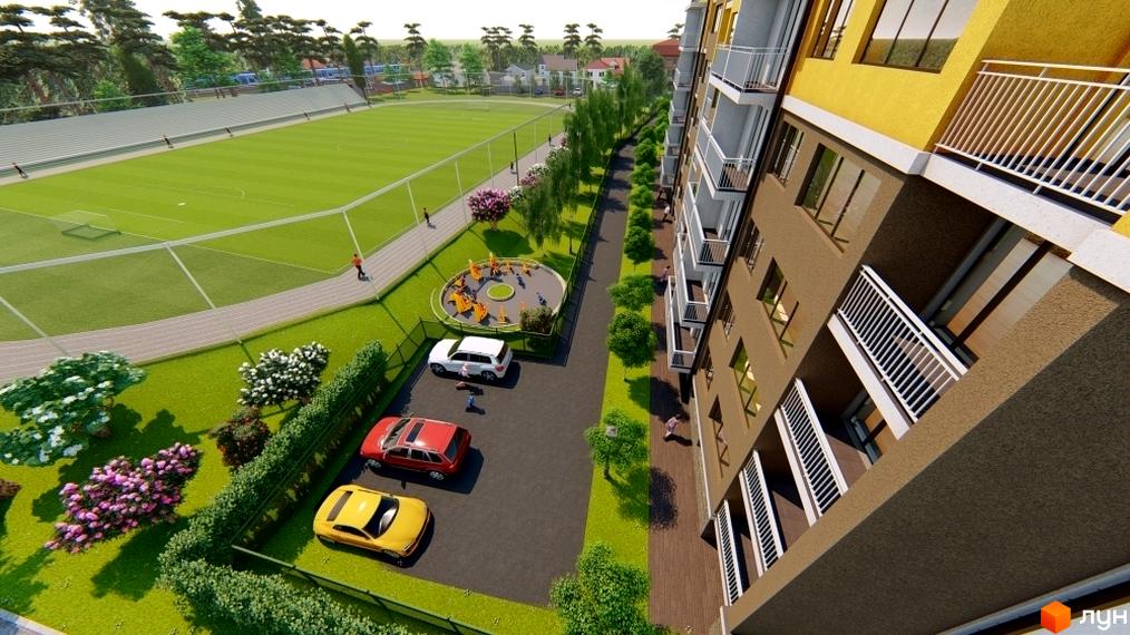 Житловий комплекс Фаворит має фасади жовтого та коричневого кольорів з білими балконами. Поруч розташовані дитячий майданчик, парковка та футбольне поле.