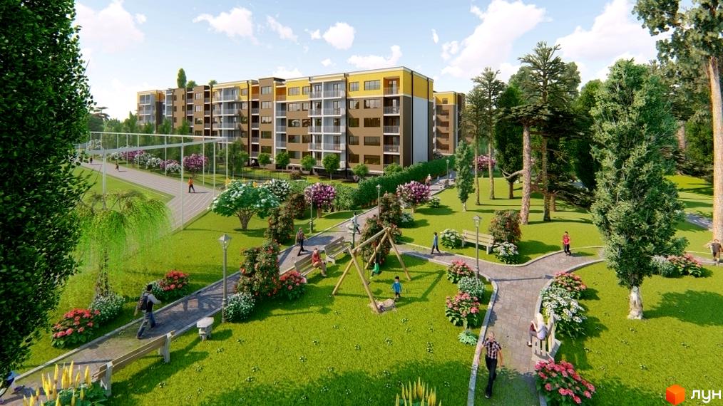 Житловий комплекс Фаворит - це багатоповерхові будинки з жовто-коричневими фасадами та балконами. Прибудинкова територія облаштована зеленими зонами, доріжками та дитячим майданчиком.